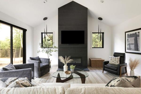 Large living room with vaulted ceiling.